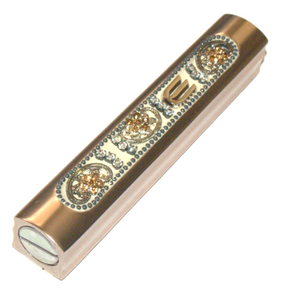 Judaica Mezuzah Case Pink Metallic Aluminum Clear Gold Crystals Closed Back 7 cm