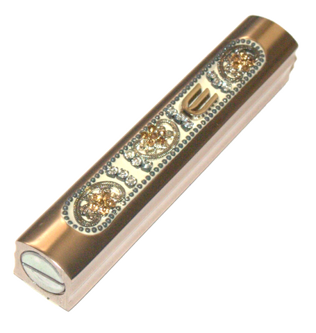 Judaica Mezuzah Case Pink Metallic Aluminum Clear Gold Crystals Closed Back 7 cm