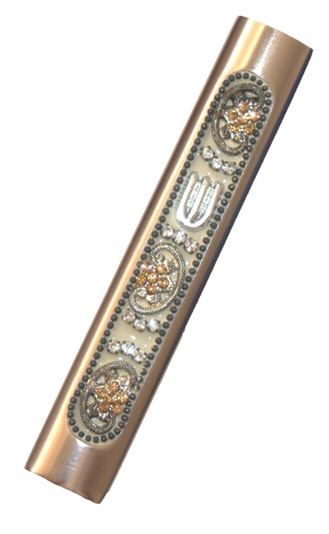 Judaica Mezuzah Case Pink Metallic Aluminum Clear Gold Crystals Closed Back 7 cm