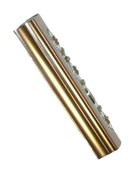 Judaica Mezuzah Case Pink Metallic Aluminum Clear Gold Crystals Closed Back 7 cm