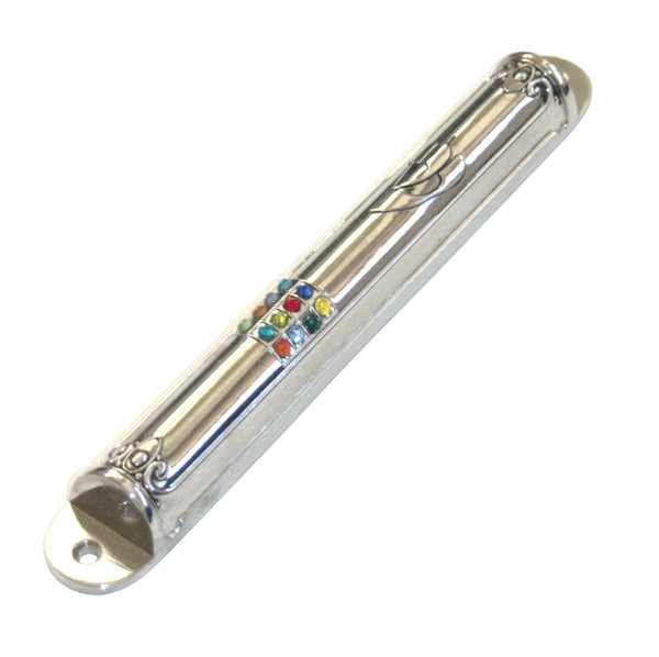 Judaica Semi Round Mezuzah Case With Inlaid Hoshen High Priest Crystals 12 cm