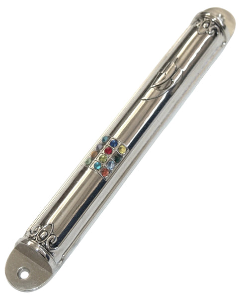 Judaica Semi Round Mezuzah Case With Inlaid Hoshen High Priest Crystals 12 cm