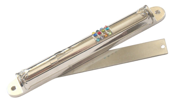 Judaica Semi Round Mezuzah Case With Inlaid Hoshen High Priest Crystals 12 cm