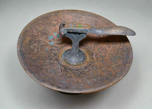 Judaica Vintage Decorated Brass Nut Cracker Israel Signed Tamar Footed Bowl 1960