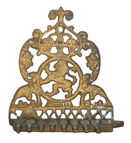 Judaica Vintage Hanukkah Oil Menorah Ashkenazi Lion Rampant Cast Brass Wall Hang