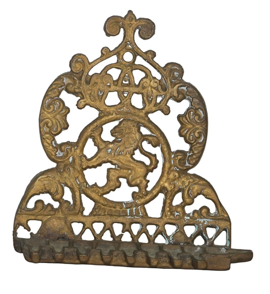 Judaica Vintage Hanukkah Oil Menorah Ashkenazi Lion Rampant Cast Brass Wall Hang