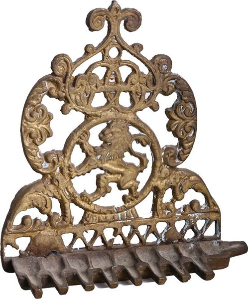 Judaica Vintage Hanukkah Oil Menorah Ashkenazi Lion Rampant Cast Brass Wall Hang