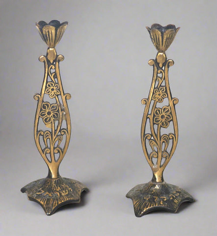 Judaica Vintage Shabbat Candlestick Candle Holder Israel Floral Design 1960's
