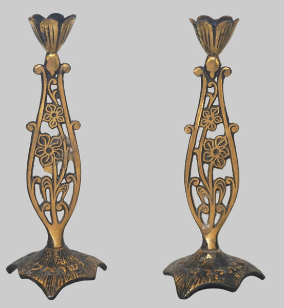Judaica Vintage Shabbat Candlestick Candle Holder Israel Floral Design 1960's