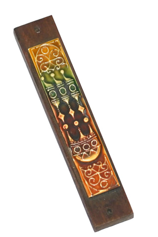 Judaica Vintage Wood Mezuzah Case w Ethnic Ceramic Plaque 9 cm Israel 1970's
