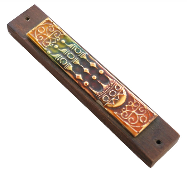 Judaica Vintage Wood Mezuzah Case w Ethnic Ceramic Plaque 9 cm Israel 1970's
