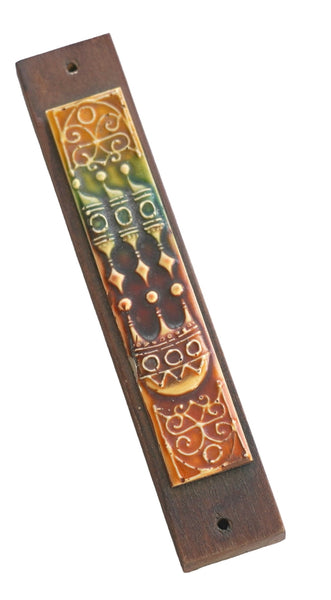 Judaica Vintage Wood Mezuzah Case w Ethnic Ceramic Plaque 9 cm Israel 1970's

