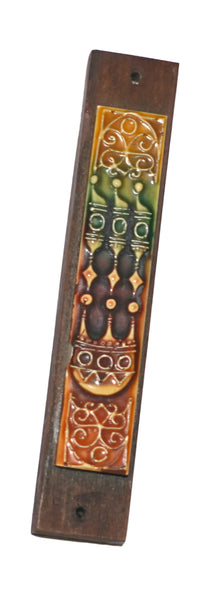 Judaica Vintage Wood Mezuzah Case w Ethnic Ceramic Plaque 9 cm Israel 1970's
