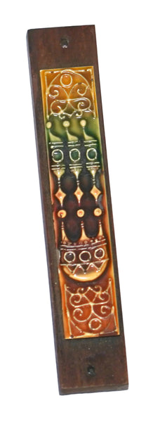 Judaica Vintage Wood Mezuzah Case w Ethnic Ceramic Plaque 9 cm Israel 1970's
