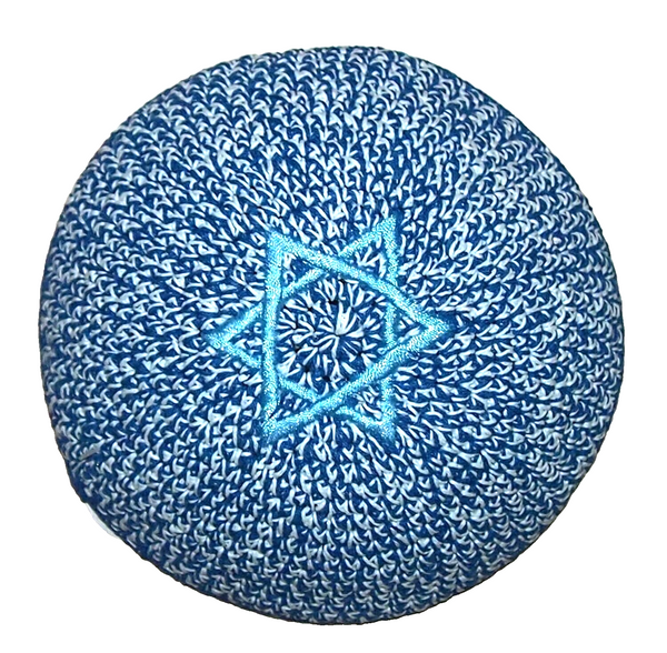 Knitted Kippah White Blue w Aqua Magen David Star Yamaka Judaica Israel 17 cm
