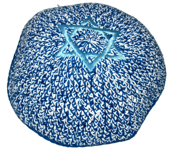 Knitted Kippah White Blue w Aqua Magen David Star Yamaka Judaica Israel 17 cm