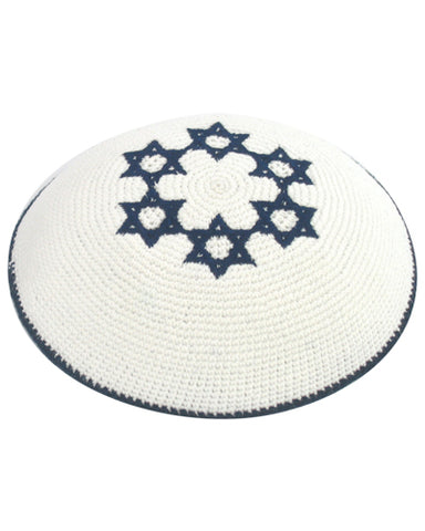 Knitted White Blue 6 Magen David Star Kippah Yarmulke Yamaka Judaica 16.5 cm