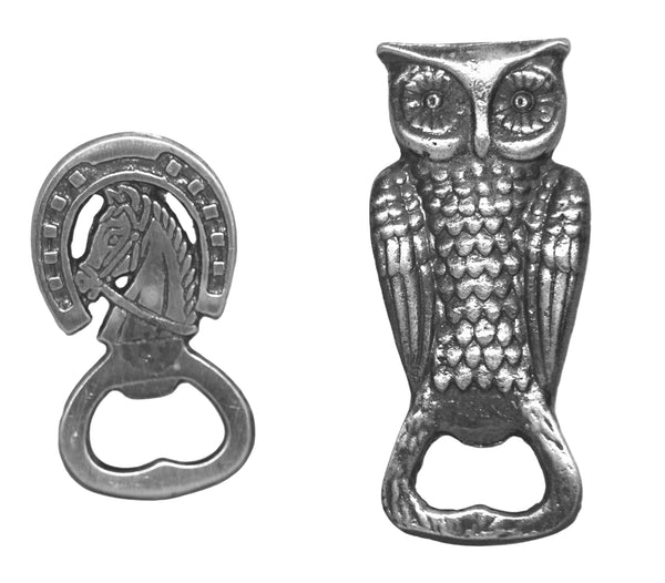 Lot of 2 Vintage Metal Bottle Openers Horse Horseshoe Owl Shape
