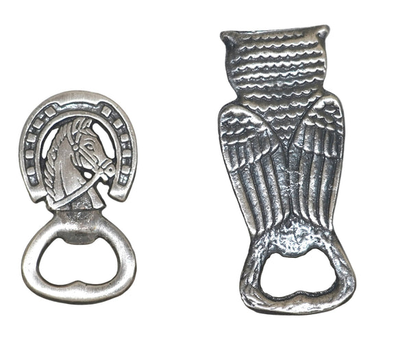 Lot of 2 Vintage Metal Bottle Openers Horse Horseshoe Owl Shape
