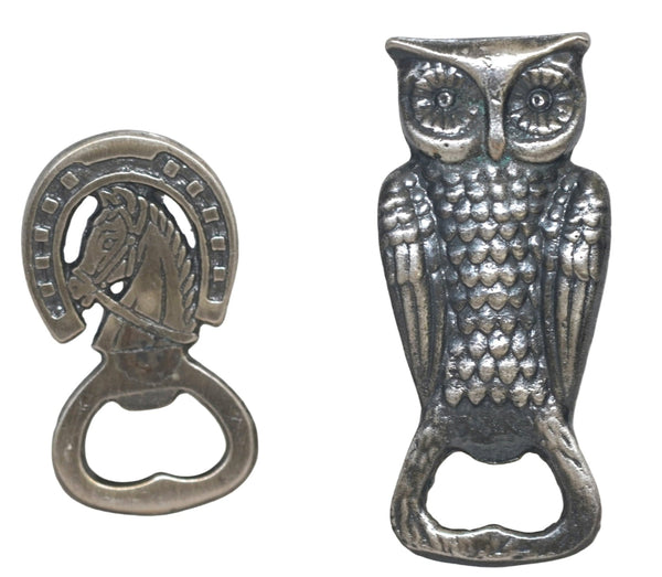 Lot of 2 Vintage Metal Bottle Openers Horse Horseshoe Owl Shape