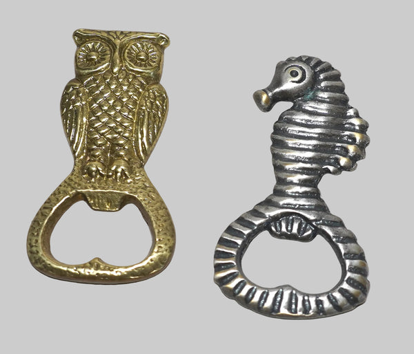 Lot of 2 Vintage Metal Bottle Openers Seahorse and Owl Shape