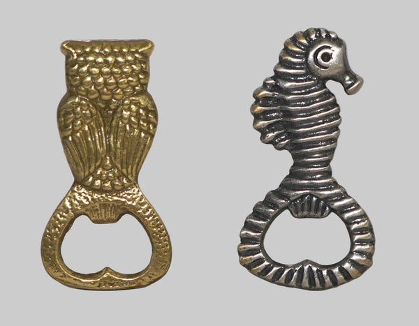 Lot of 2 Vintage Metal Bottle Openers Seahorse and Owl Shape
