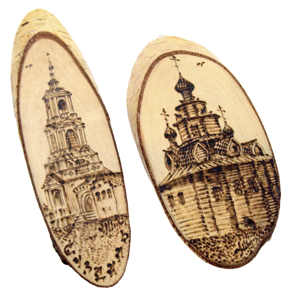 Lot of 2 Vintage Russian Pyrography Wood Burned Plaques Suzdal Churches Art on Birch Slice Суздаль