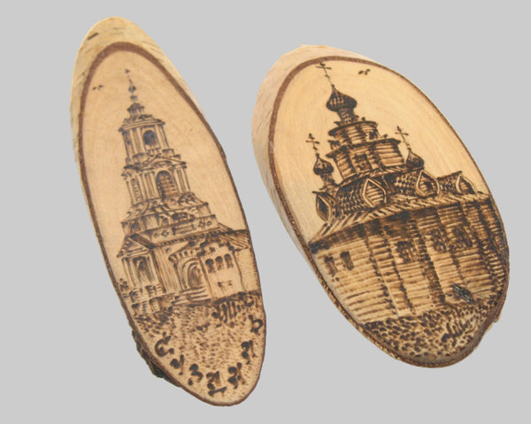 Lot of 2 Vintage Russian Pyrography Wood Burned Plaques Suzdal Churches Art on Birch Slice Суздаль