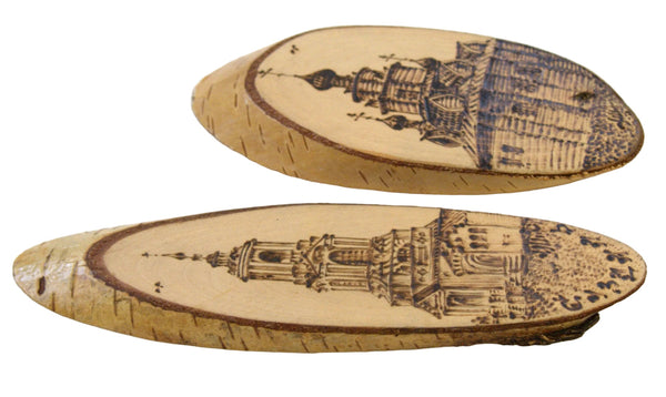 Lot of 2 Vintage Russian Pyrography Wood Burned Plaques Suzdal Churches Art on Birch Slice Суздаль