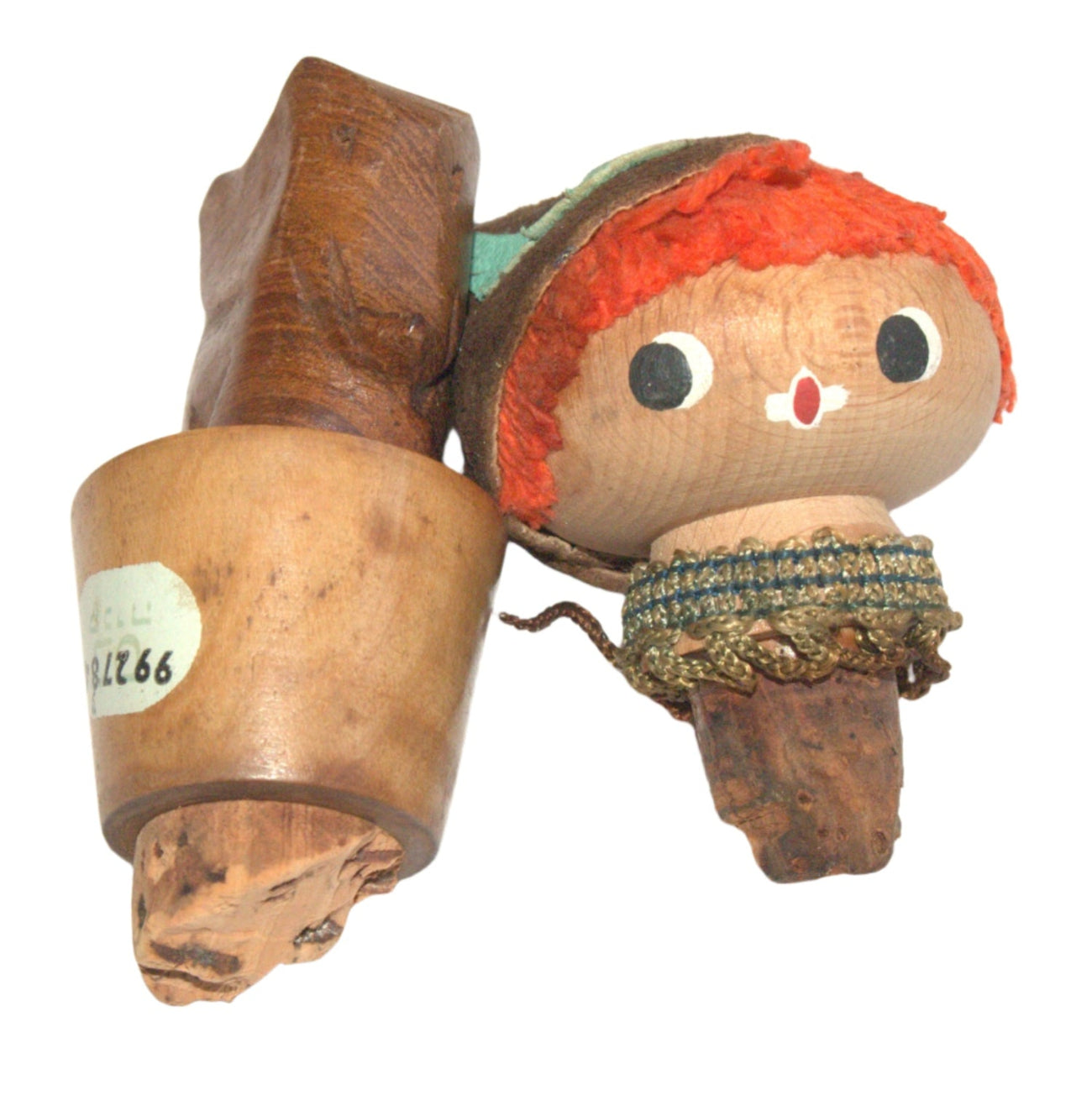 Lot of 2 Vintage Wood Wine Bottle Stoppers Israel 1950-60's Puppet Elephant