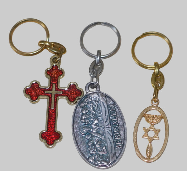 Lot of 3 Vintage Religious Souvenir Keychains from BethLehem Cross, Last Supper & Messianic Seal