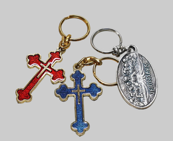 Lot of 3 Vintage Religious Souvenir Keychains from BethLehem Red, Blue Cross Last Supper