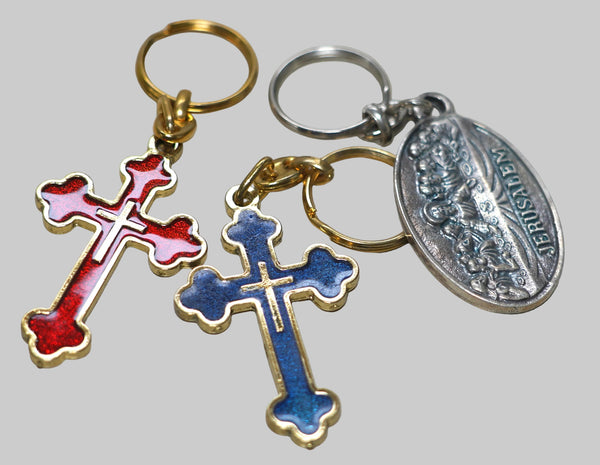 Lot of 3 Vintage Religious Souvenir Keychains from BethLehem Red, Blue Cross Last Supper