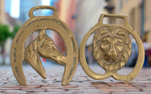 Lot of 2 Vintage Horse Brass Wall Harness Decoration Opener Lion and Horse Head
