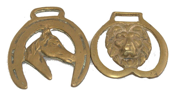 Lot of 2 Vintage Horse Brass Wall Harness Decoration Opener Lion and Horse Head
