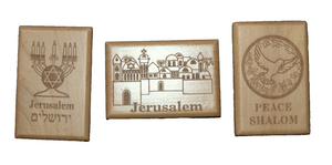 Lot of 3 Judaica Olive Wood Fridge Door Magnet Jerusalem Menorah Peace Israel