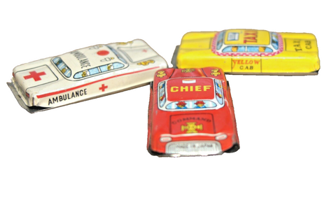 Lot of 3 Vintage Tin Car Lithograph Toy Taxi Chief Red Cross Vehicle Japan 1960s