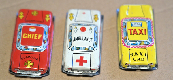 Lot of 3 Vintage Tin Car Lithograph Toy Taxi Chief Red Cross Vehicle Japan 1960s