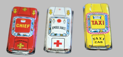 Lot of 3 Vintage Tin Car Lithograph Toy Taxi Chief Red Cross Vehicle Japan 1960s