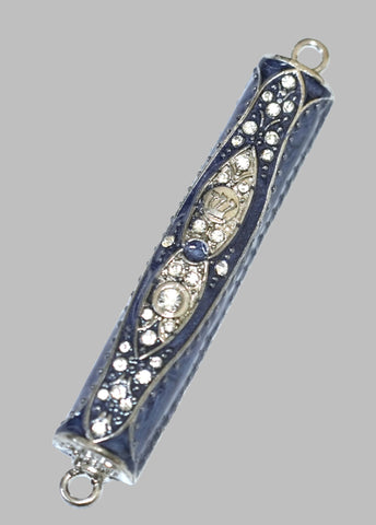 Mezuzah Case Blue Enamel w Clear Crystals Hammered SHIN Decoration 7 cm Judaica