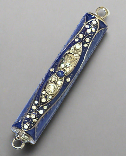 Mezuzah Case Blue Enamel w Clear Crystals Hammered SHIN Decoration 7 cm Judaica