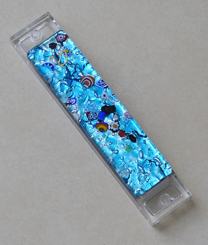 Murano Glass Handmade Mezuzah Case 9 cm Golden Shin Turquoise Blue Murina Italy