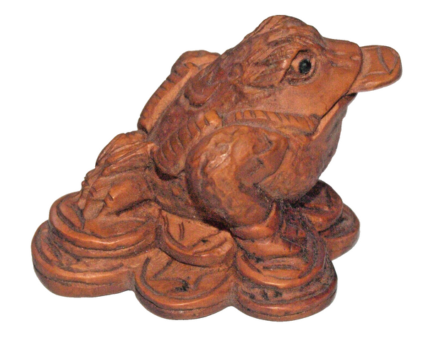 Netsuke Figurine Toad Frog Resting on Coins Hand Carved Wood Japan Signed