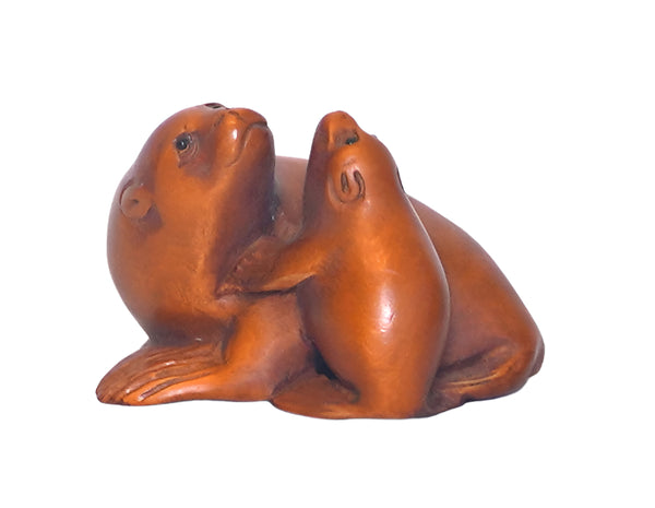 Netsuke Figurine Sea Lion Seal w Baby Hand Carved Wood Japan Signed