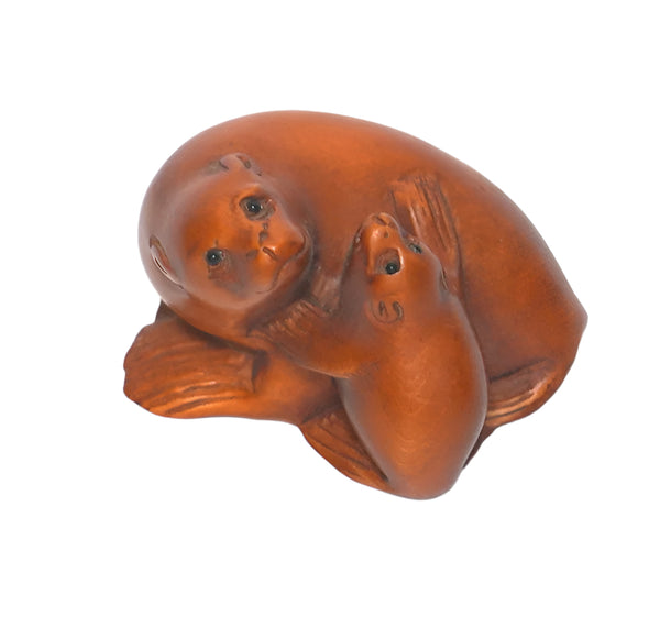 Netsuke Figurine Sea Lion Seal w Baby Hand Carved Wood Japan Signed