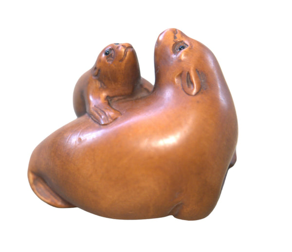 Netsuke Figurine Sea Lion Seal w Baby Hand Carved Wood Japan Signed