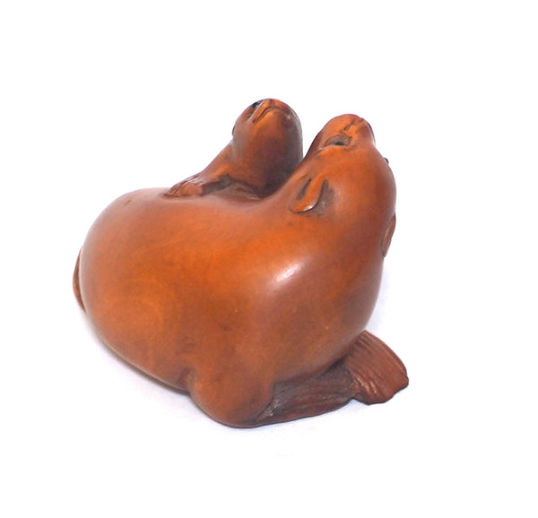 Netsuke Figurine Sea Lion Seal w Baby Hand Carved Wood Japan Signed