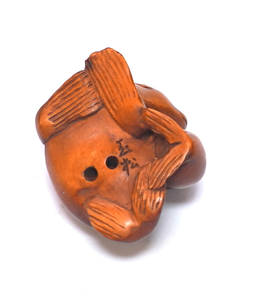 Netsuke Figurine Sea Lion Seal w Baby Hand Carved Wood Japan Signed