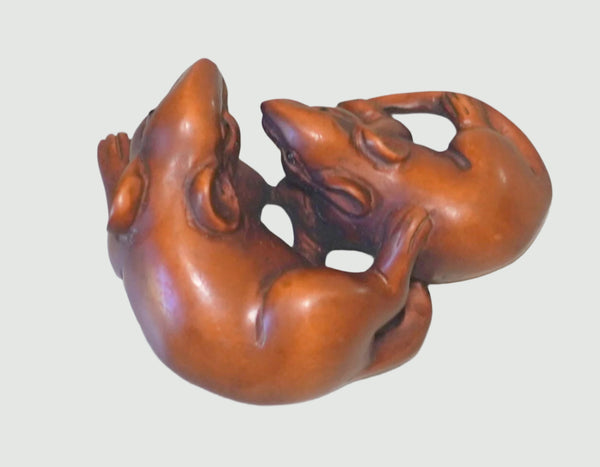 Netsuke Hand Carved Wood Figurine Mouse with Baby Japan Signed