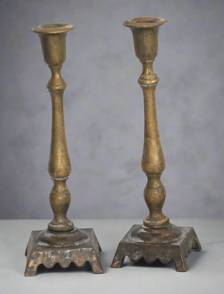 Pair of Antique Bronze Shabbat Candlesticks Holder Classic Design pre WWII
